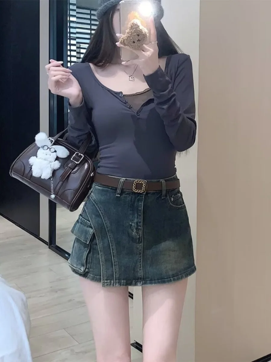 여성을위한 빈티지 섹시한 하이 웨이스트 슬리밍 데님 스커트 여름 짧은 a 라인 스커트 Bb 하프 바디