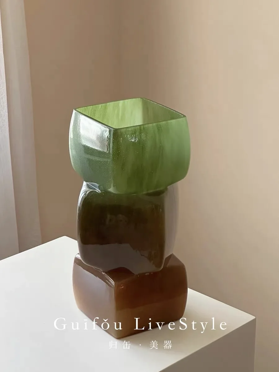 Description Picture 3 of itemGlass Vase Geometric Square Stacking Marbling Gradient Flower Vase Floral Arrangement Accessories Terrarium Flower Pot