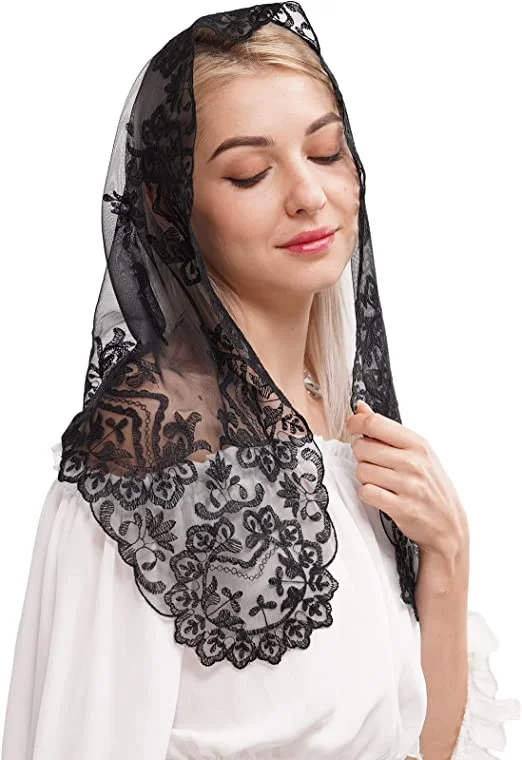 Chapel - Mantilla de encaje estilo español para mujer, chal corto,  triangular, bufanda tradicional católica, color negro, 31.5 x 22.8 in