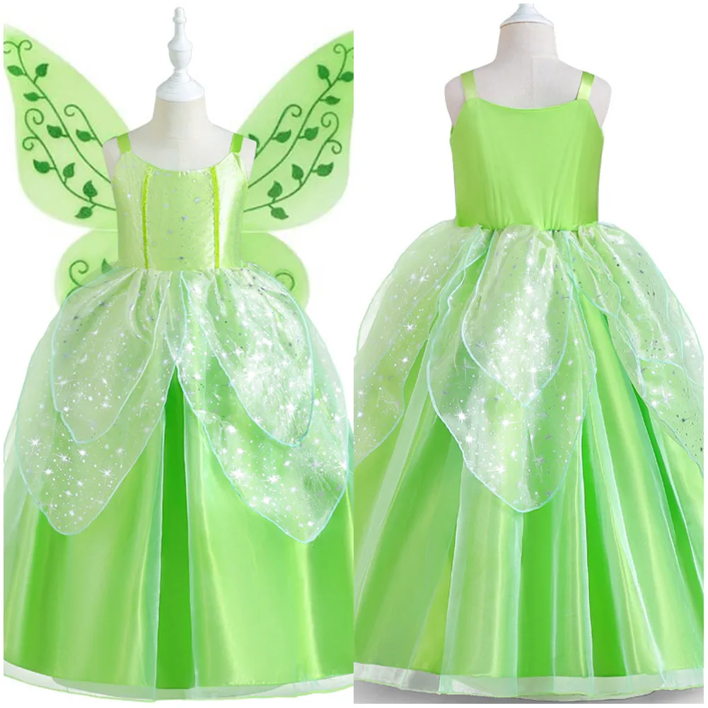 

Kids Girls Tinker Cosplay Bell Costume Dress Wings Headband Movie Peter Pan Wendy Outfit Halloween Carnival Party Disguise Suit