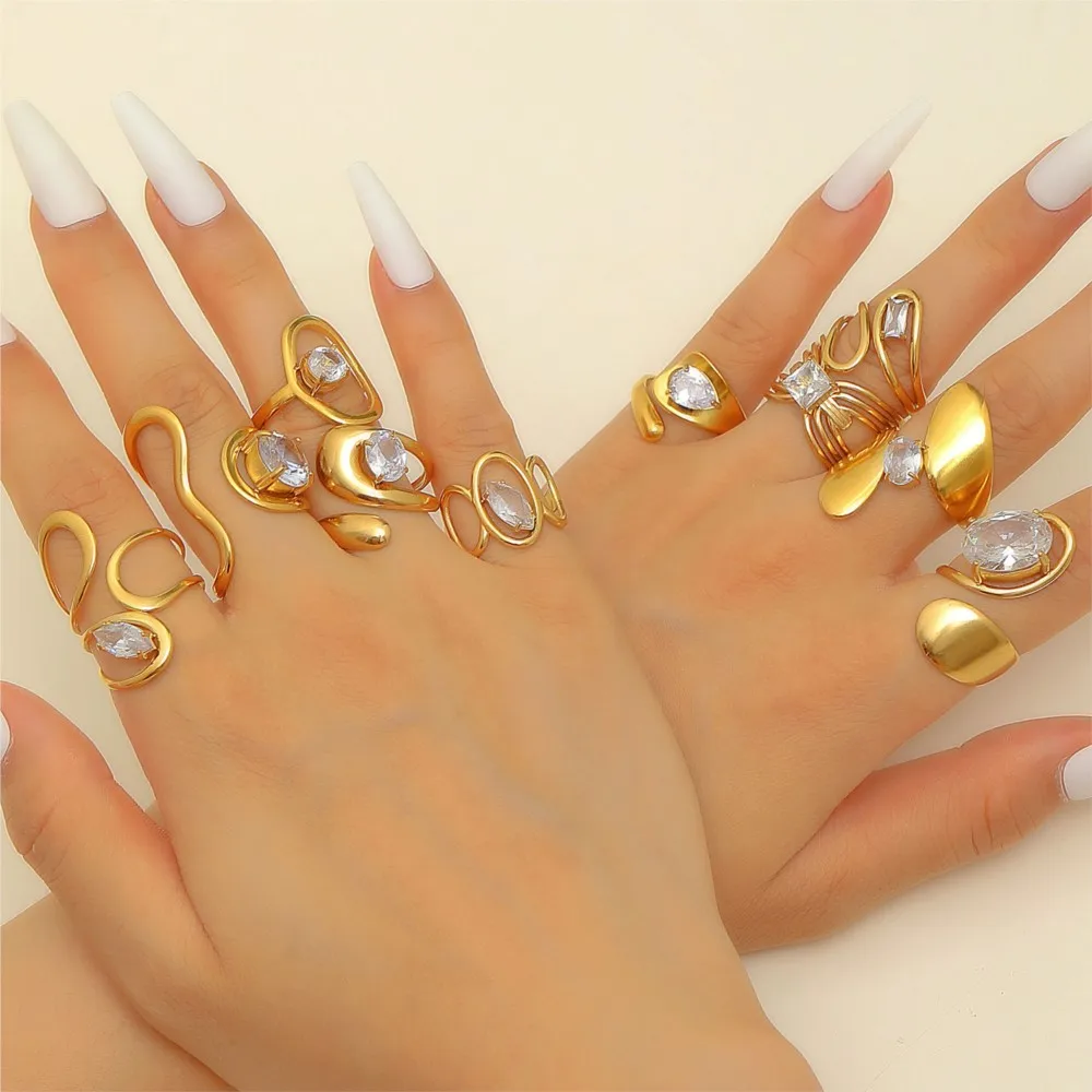 316L Stainless Steel Zircon Inlay Irregular Ring for Women Retro Metal Open Rings Party Jewelry Gifts