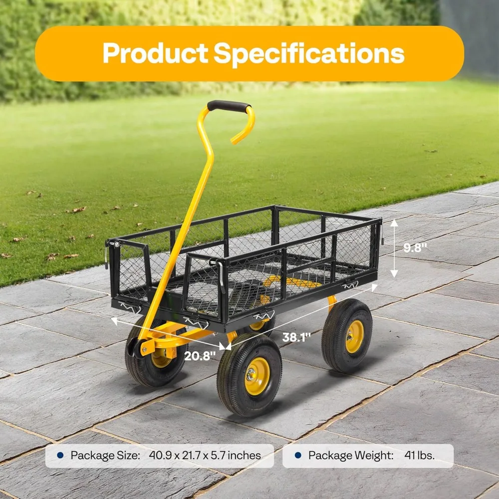 Heavy Duty 880 lb Capacity Mesh Steel Garden Cart with Removable Sides and 4.10/3.50-4" Wheels 10" Tires (Black)