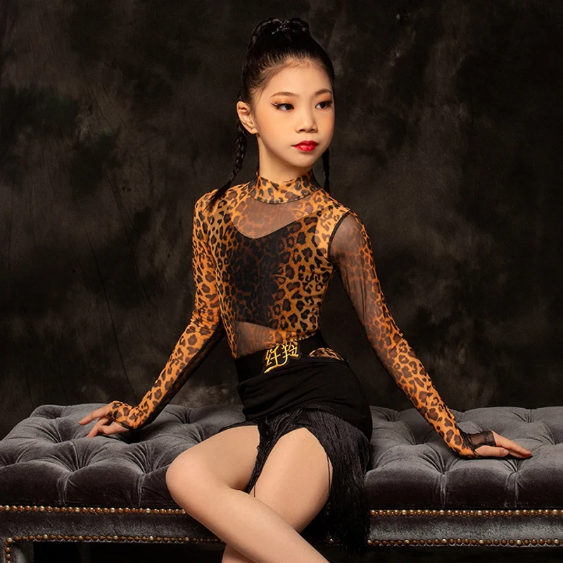 

Children'S Latin Dance Costume Leopard Latin Top Fringed Skirts Girls Latin Dance Competition Dresses Kids Performance Wear 9732
