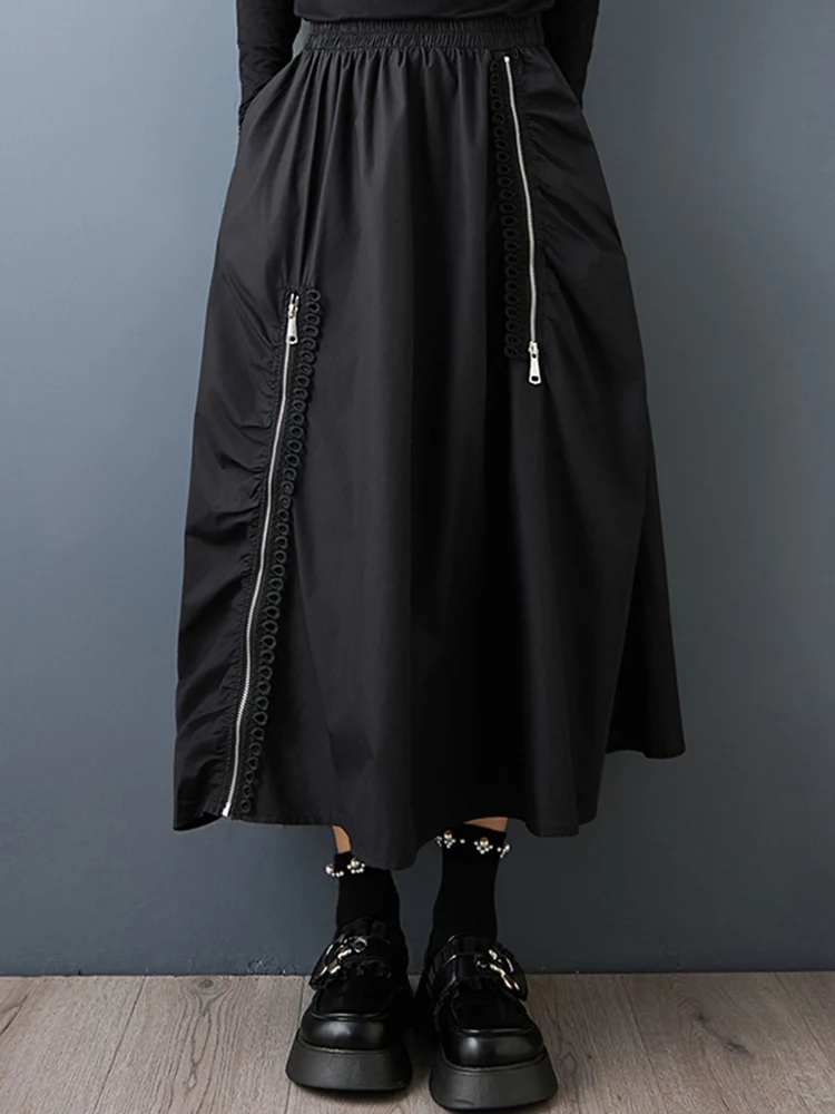 Black Vintage Spliced Zipper Pleated High Waist Skirt Women Plus Size Fashion Loose Casual Long Skirts Clothes Sping Autumn 2025