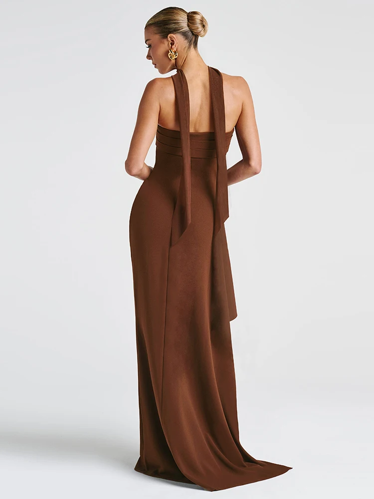 Nibber Elegant Scarf+Folds Maxi Dress Women Irregular High Slit Elasticity Wrap Temperament Summer Trend Banquet Solid Vestidos