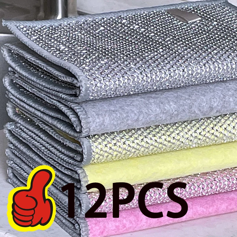 

12/1pcs Magic Cleaning Cloth Thickened Double -sided Metal Steel Wire Rags Kitchen Dish Pot Washdishing Cloths Towel Clean Tools