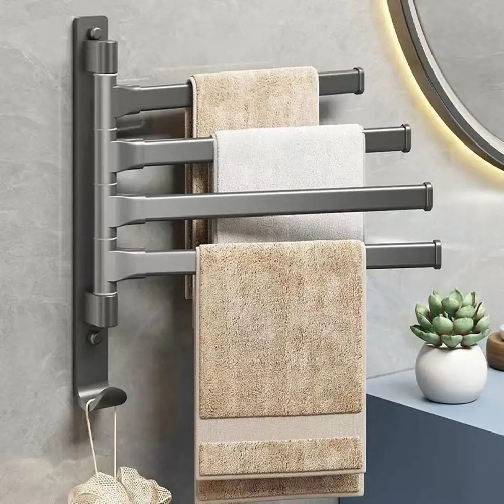 Bathroom Towel Rack Rotatable Foldable Towel Stand 4-Bar Holder Wall Mounted Kitchen Shelf Paper Hanging Storage Rack