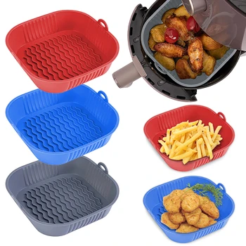 21CM Silicone Air Fryer Pot Tray BBQ Barbecue Pad Plate Airfryer Oven Baking Mold Basket Food Safe Reusable Square Air Fryer Pan 1