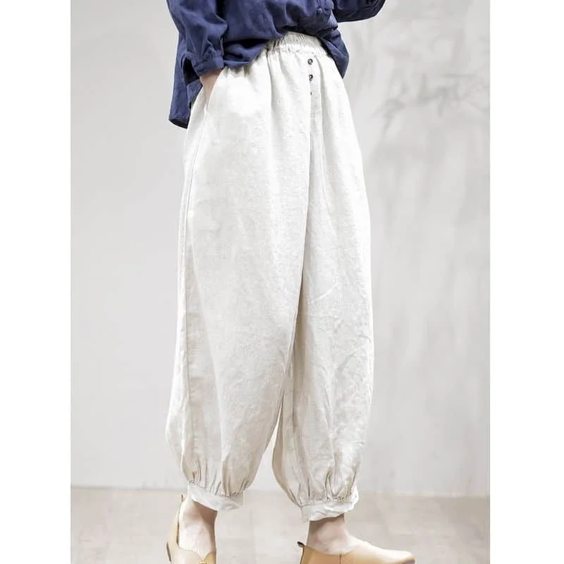 Cotton Linen Pants Solid Elastic Waist Loose Casual Vintage Clothes Korean Style Harajuku Trousers Lantern Pants Women Clothing