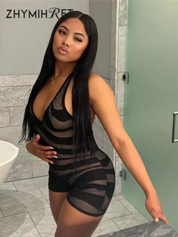 

ZHYMIHRE Summer V Neck Contrast Color Halter Playsuit Women Backless Short Jumpsuit Y2K Clothes Festival Club Party Rave Outfit