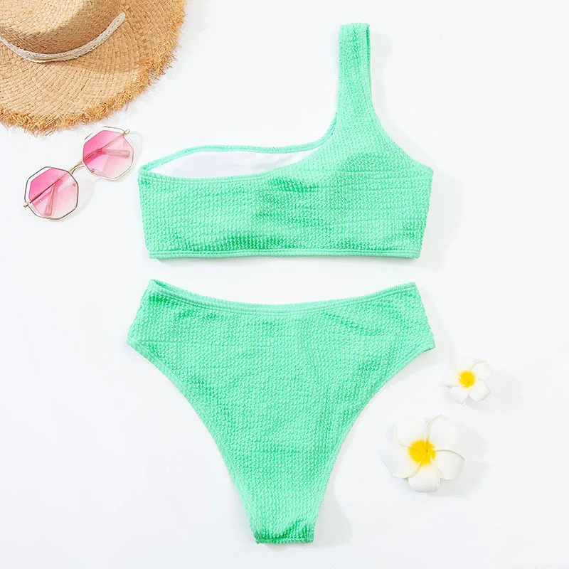 Textured Sexy Bikini 2022 Women Swimsuits High Waist Swimwear Women One Shoulder Bikinis Set New Neon Yellow Summer Beachwear