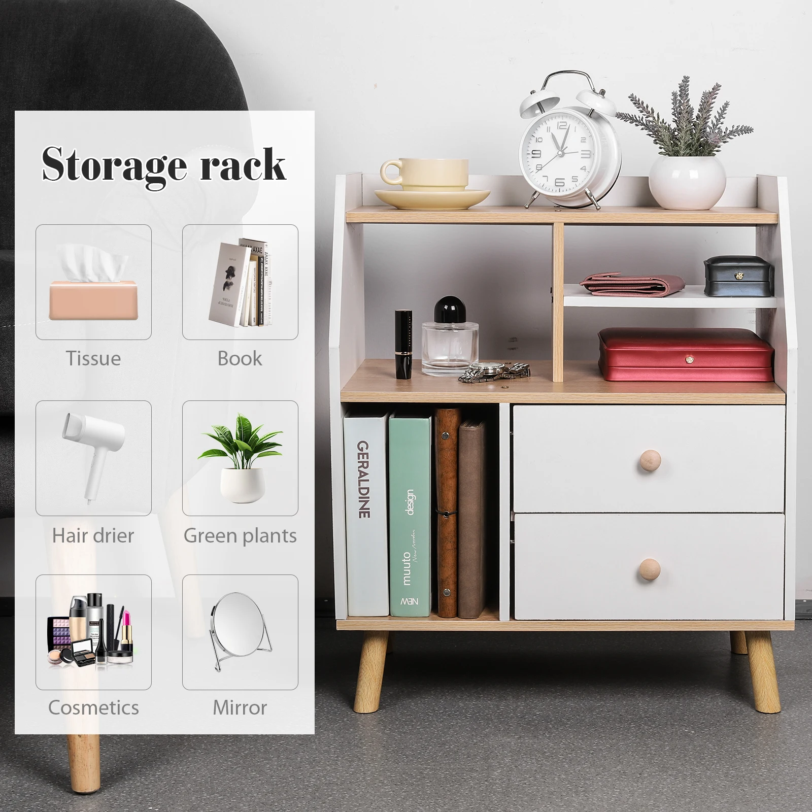 Wooden Bedside Table with 2 Drawers for Living Room and Office