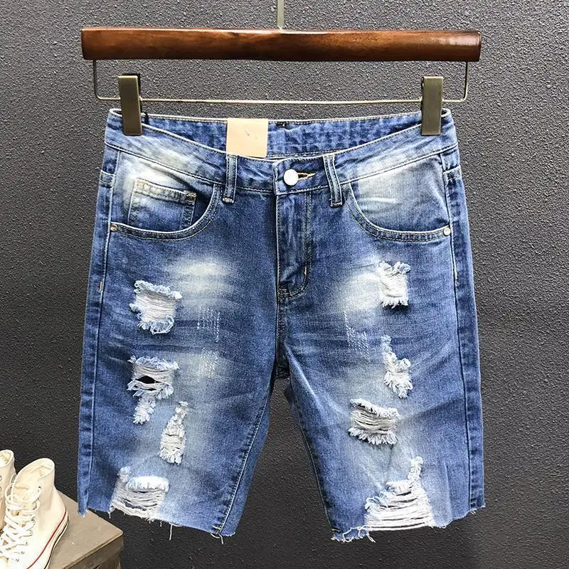Pantalones cortos de mezclilla ajustados con gráficos rotos para hombre, pantalones vaqueros cortos ajustados multicolor para hombre, tendencia de diseñador de lujo 2024, ropa de calle retro Y2k