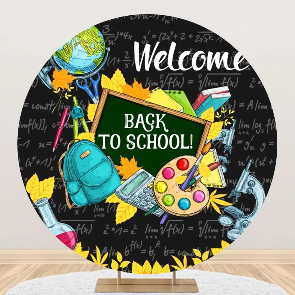

Children Back to School Round Backdrop Cover Book Pencil Schoolbag Baby Shower Kid Birthday Party Circle Photography Background