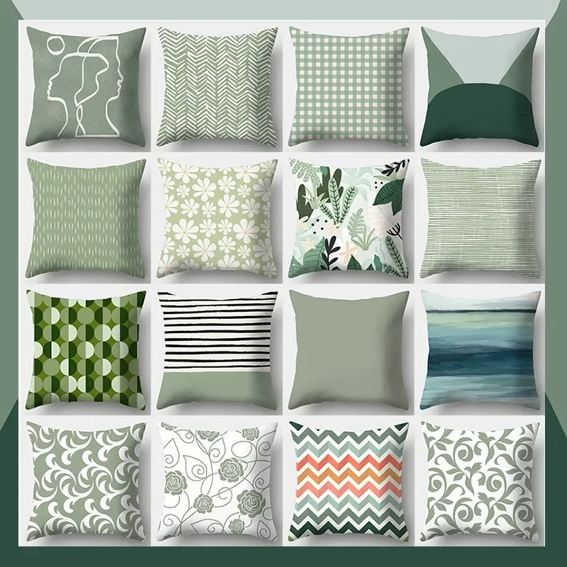 

Avocado Green Pillowcase Square Sofa Plaid Plant Print Cushion Cover