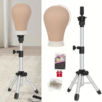 21-24"Training Mannequin Head Canvas Block Head With Adjustable Wig Stand Tripod With Canvas Wig Head Stand Wig Tripod Wig Stand