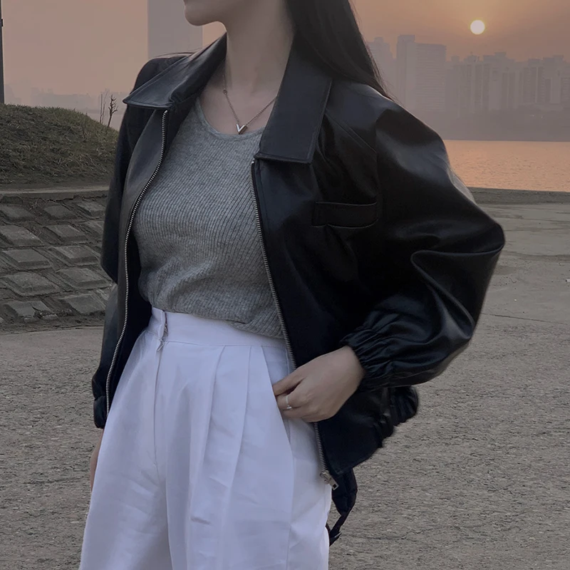 Casual Zipper Leather Jacket Women Short Fashion Simple Solid Color Loose-fit PU Leather Basic Coat Tops chaquetas de mujer