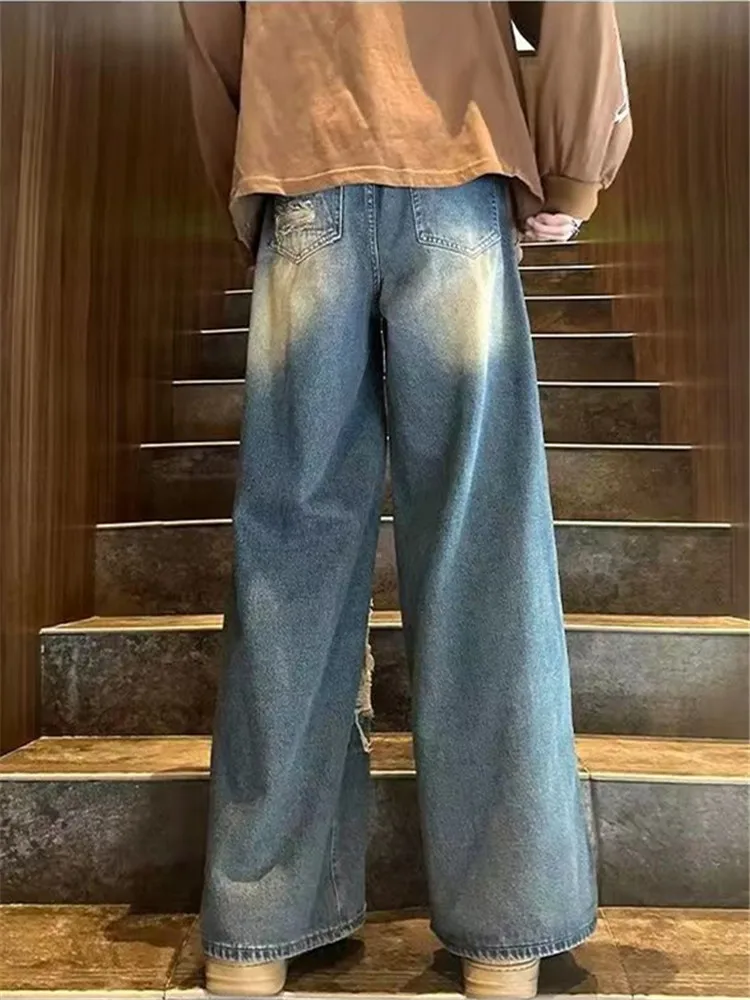 High Street Ripped Jeans Men's Solid Color Wide-leg Pants with Button Pockets Loose Hip Hop Trousers Fashion A151