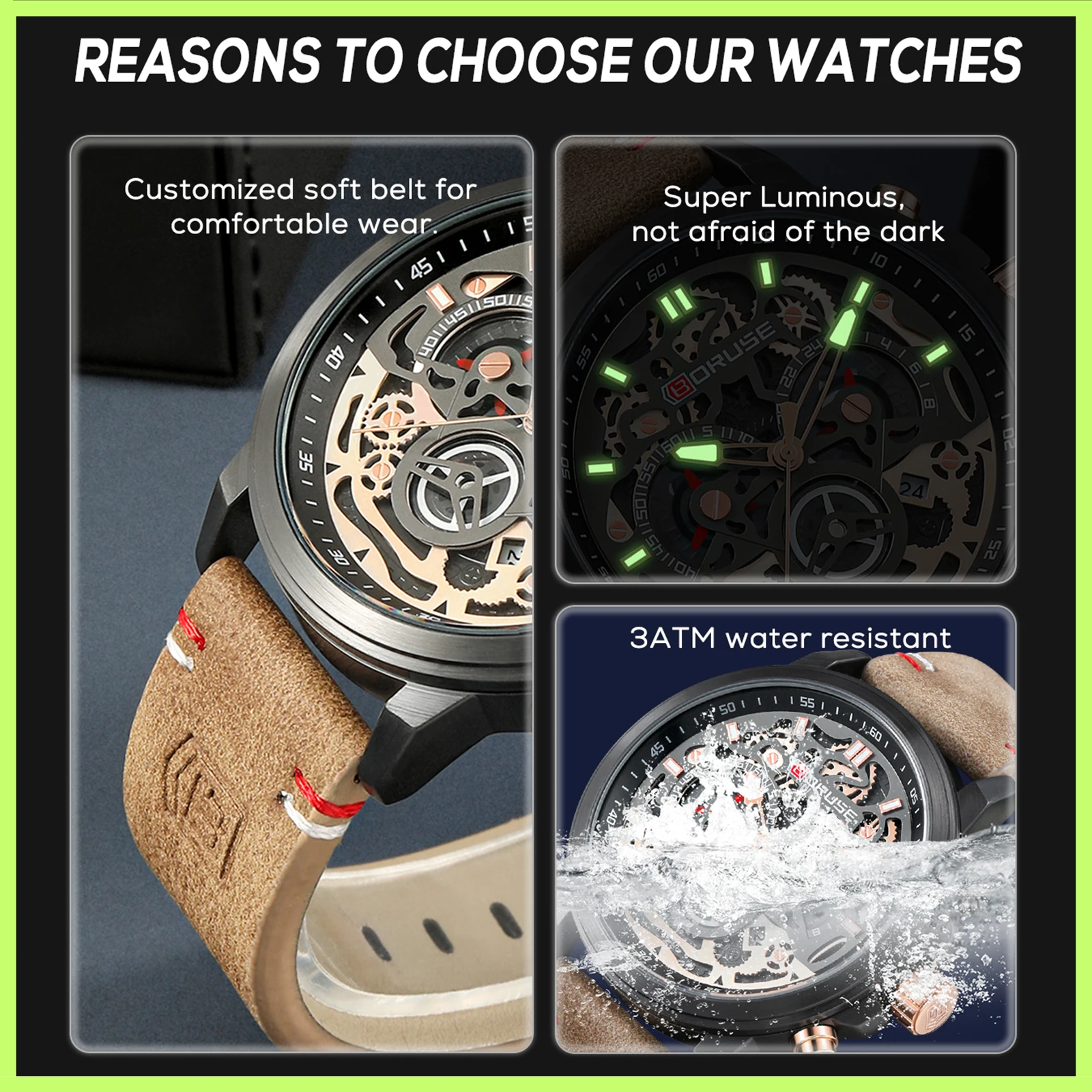 BORUSE Luxury Men's Quartz Wristwatch Brown Leather Strap Date Calendar Chronograph Waterproof Luminous Quartz Watch for Men