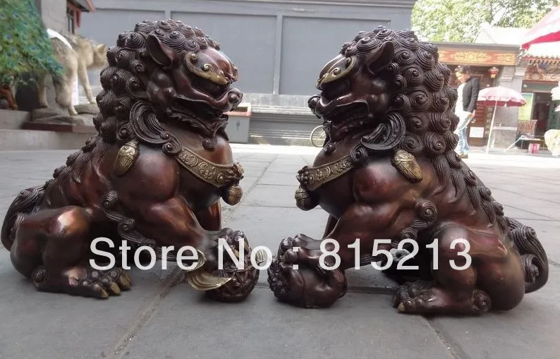 

Китайская Бронзовая позолоченная резная фотография, 11 дюймов, пара, статуэтка с изображением собаки и льва