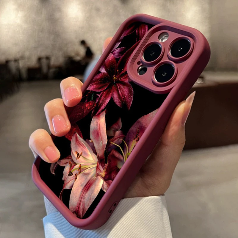 Luxury Dark-Themed Wine Red Phone Case with Water Droplet Lily Design