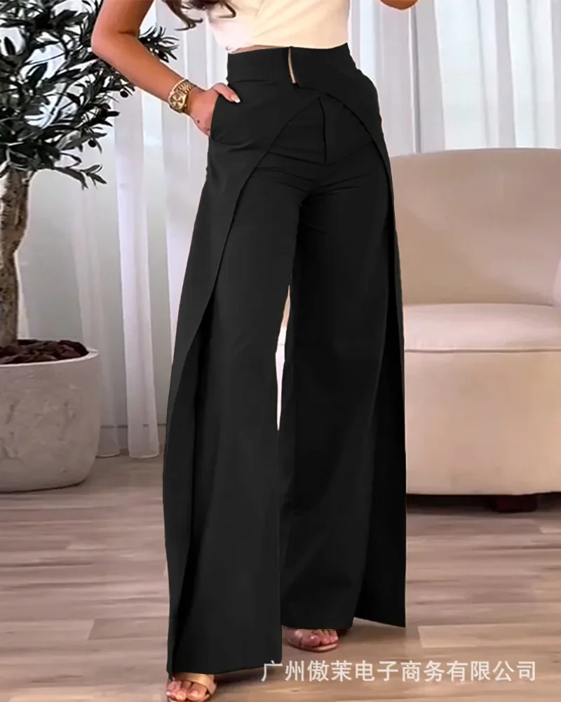 

Women Pants Solid Color Wide Leg Pants Zipper Fly Loose Fit Flat Office Lady Pockets High Waist Autumn 2023 Ankle Length
