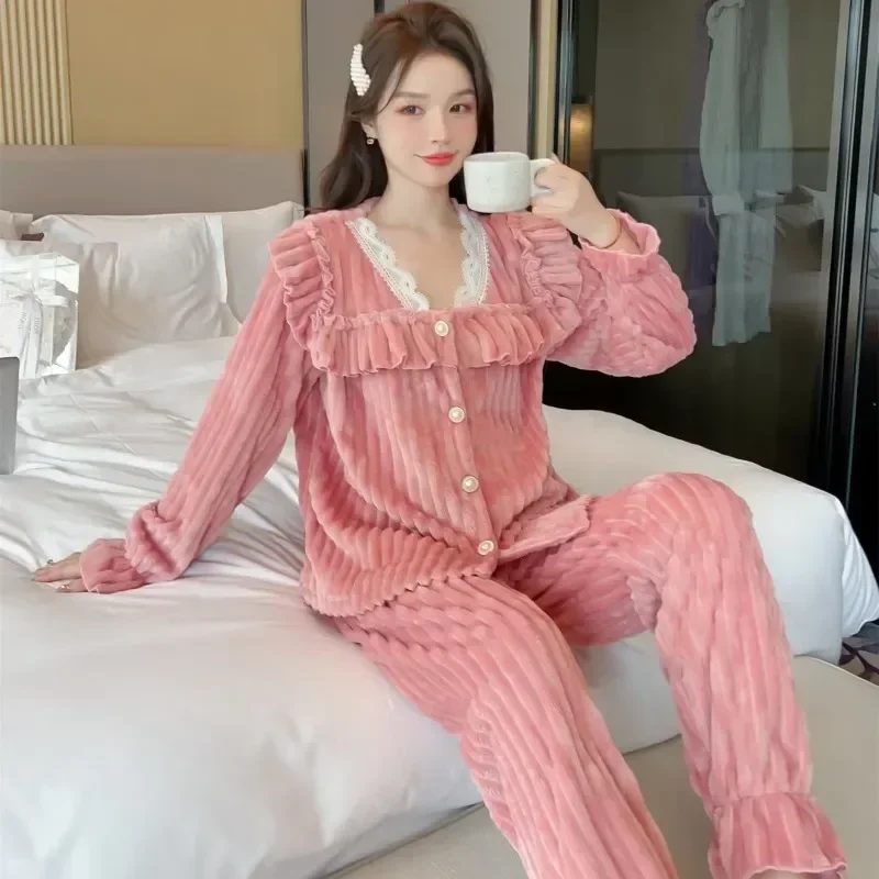 

Night Set Piece Pajamas Piiama Fleece Pant 2 2023 Warm Wear Suit Sleepwear Home Korean Ruffle Lace Winter Coat Thick Women Solid