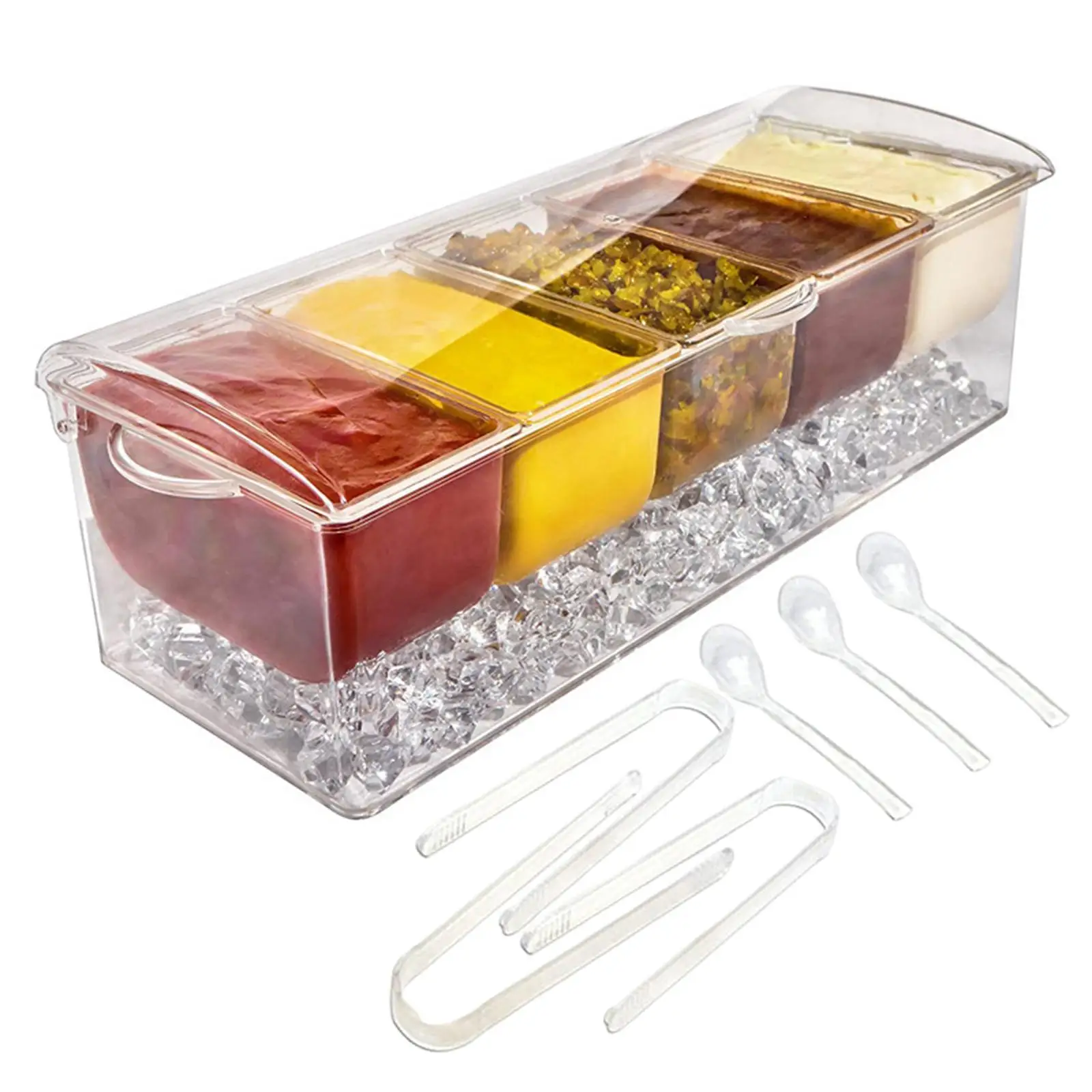 Chilled Condiment Server 5 Compartment Acrylic with Lid Clear for Salad Chilled Serving Tray Ice Serving Bowl Clear Salad