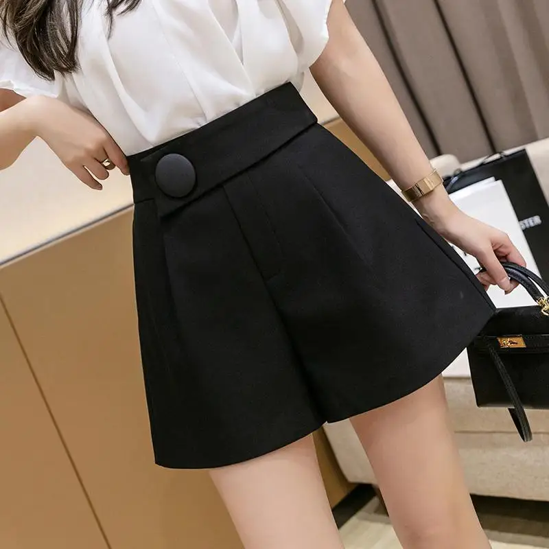 Spring Summer New High Waist Button Patchwork Shorts Solid Color Slim Simplicity Wide Leg Pants Office Fashion Women Clothing