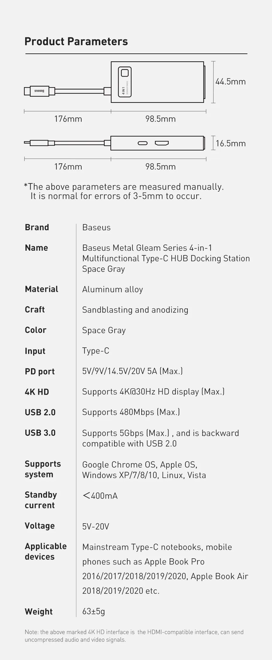 divisor Compatível com HDMI, PD 100W, Dock