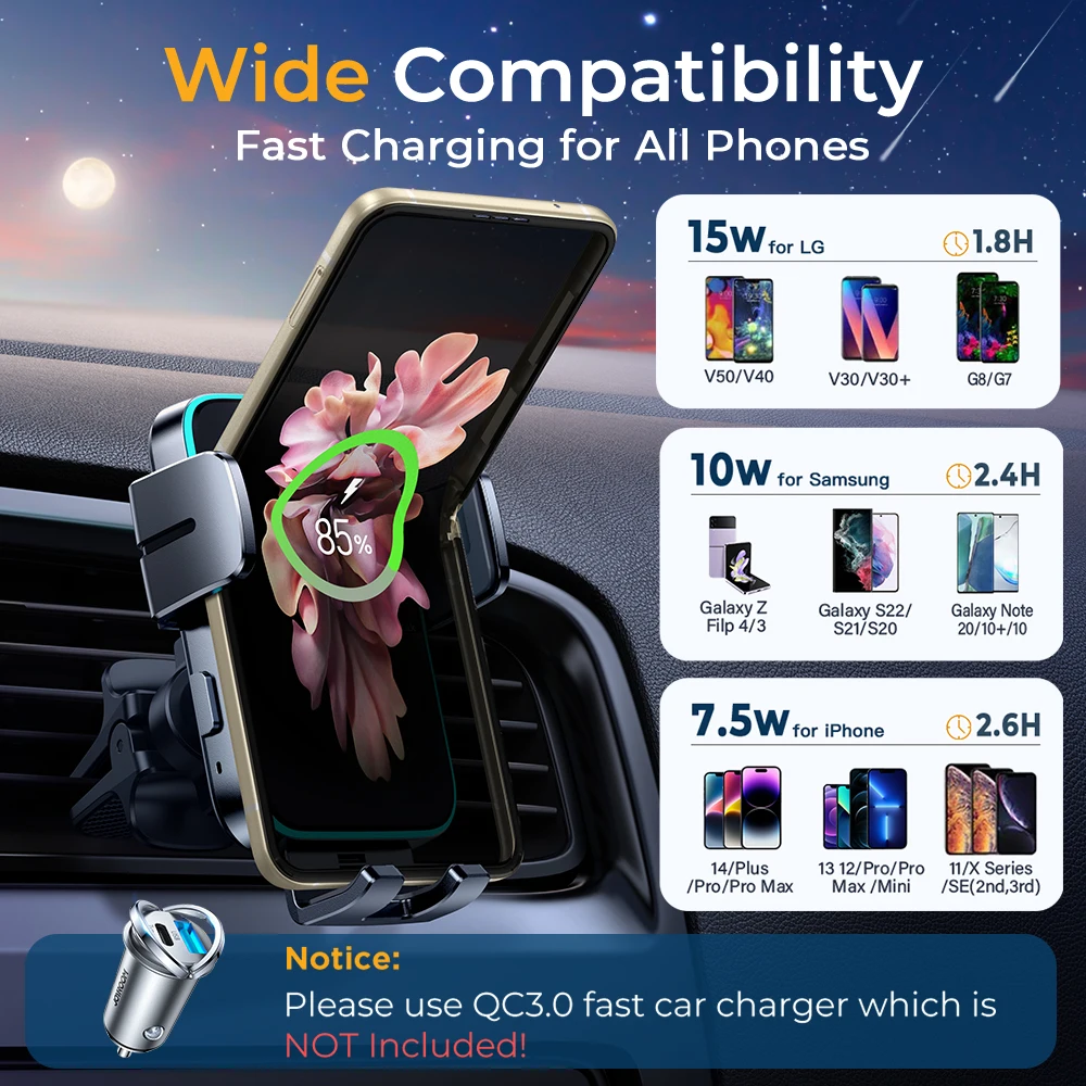 Joyroom Dual Coil Car Phone Holder Automatic 15W Fast Wireless Charger Phone Holder Car Mount For iPhone 15 Pro Foldable Galaxy