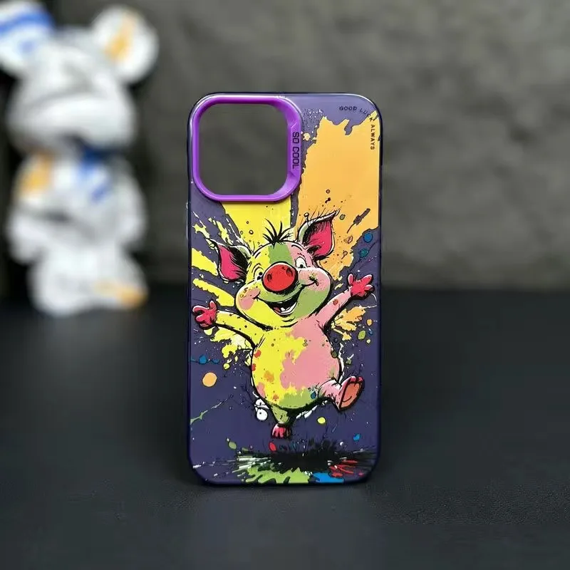 Fashion Graffiti iPhone Case Cartoon Animal Pattern Cute little bear Matte IPhone 15 14 13 Pro Max 11 12 Laser Metal Soft Case