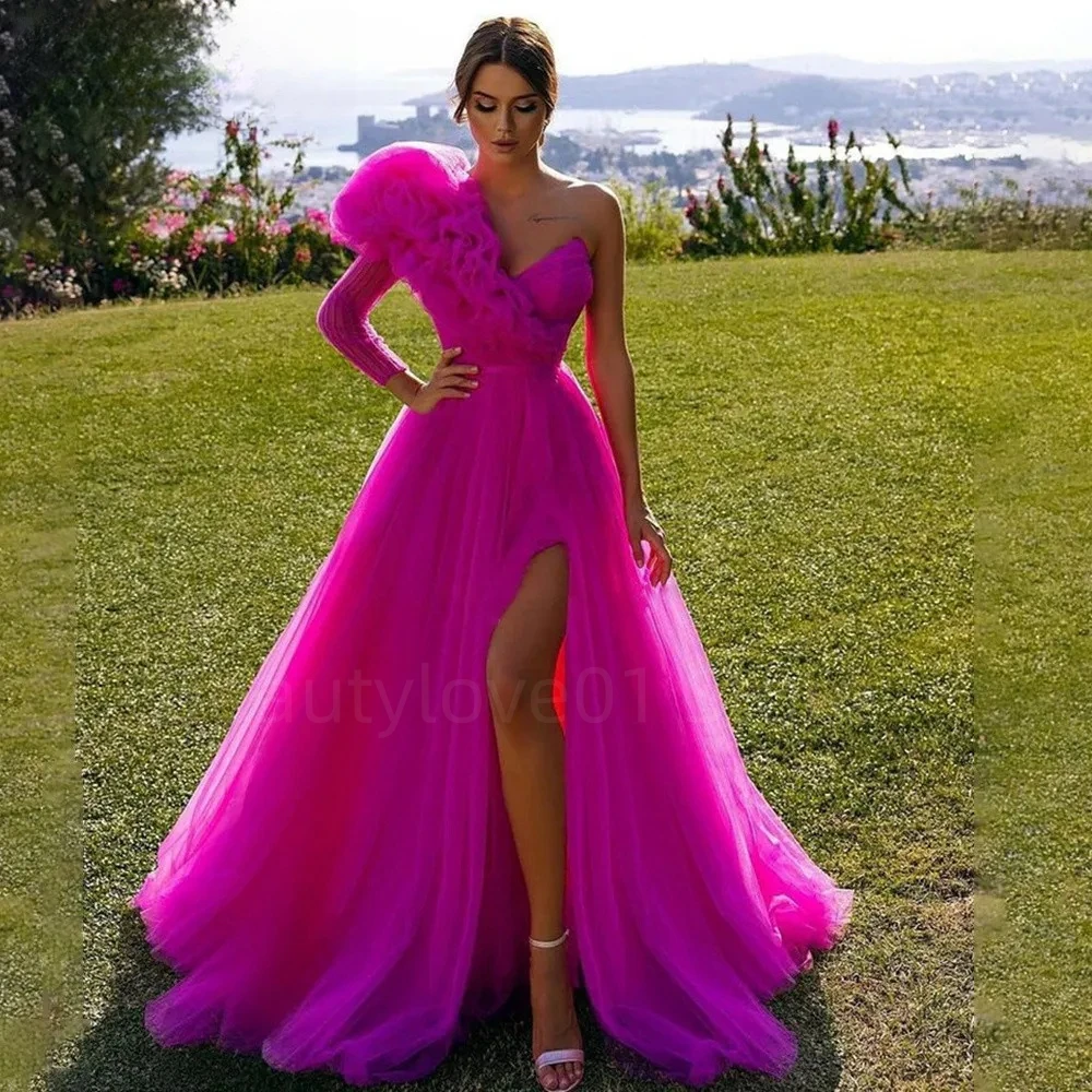 

A Line V-Neck Sweep Train Floor-Length Chiffon One Sleeve Puff robes High-end Leg Slit prom dresses vestidos de noche 2023