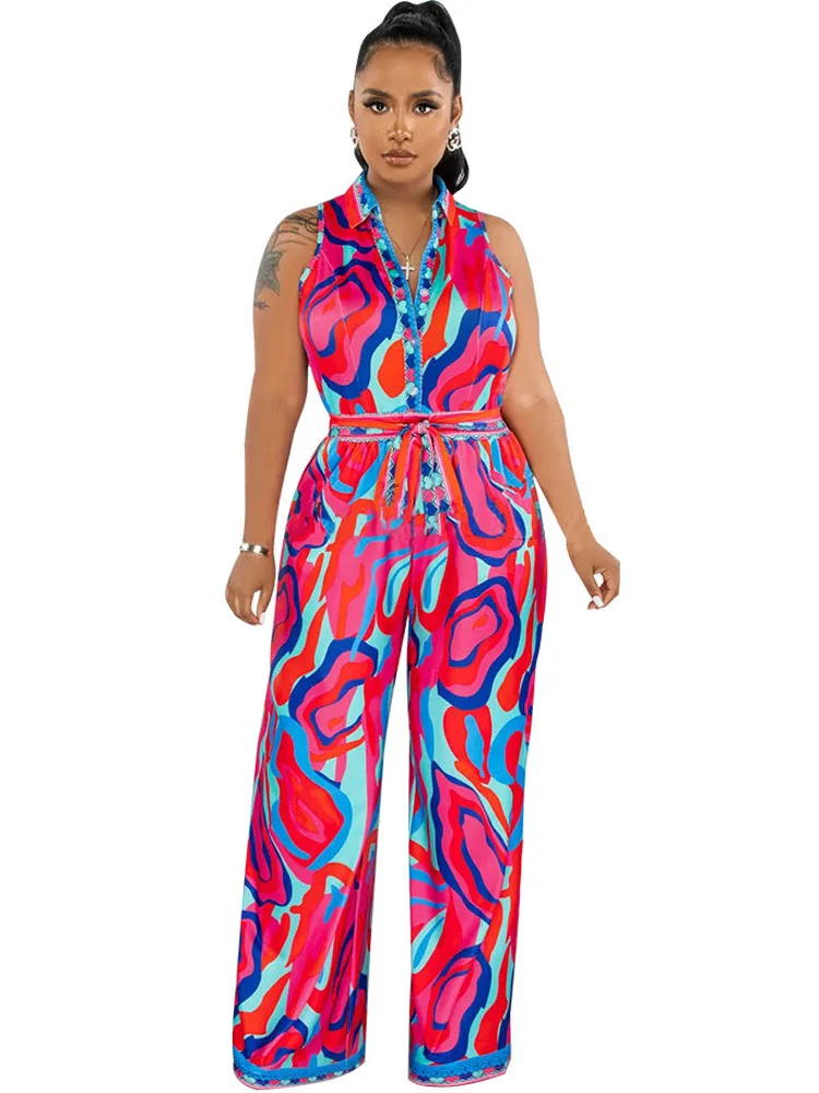 

Sexy Button Up Print Jumpsuit Sleeveless With Belts One Piece Outfits For Women Club Wear Rompers Party Jumpsuits Wide Leg Pants