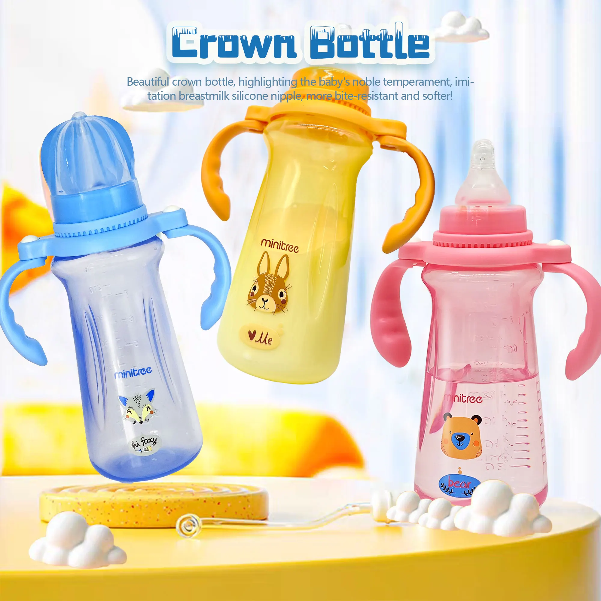 240ml cartoon baby PP bottle, 0-3 years old newborn imitation breastmilk nipple bottle, collapsible handle, BPA-free