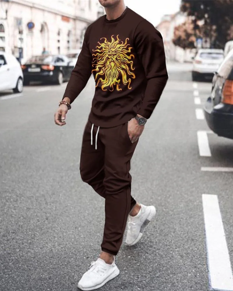 Men's Sports Suit T-shirt + Trousers Workout Clothes 2-Piece Set 3D Plant Ieaf Solid Color Printing Iong-Sleeved Sportswear Suit mens jogger sets