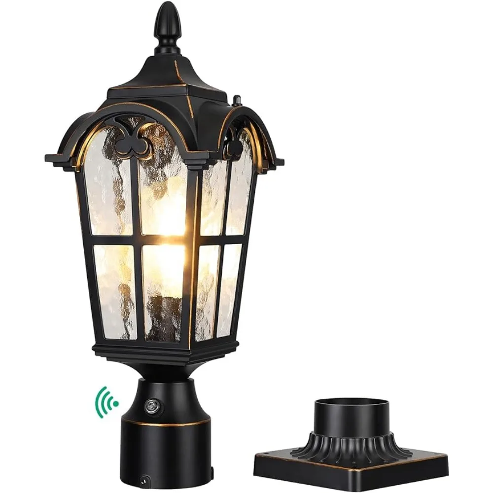 Garden Post Light, Black Waterproof Pole Lantern Fixture, with Pier Mount Base, Water Ripple Glass