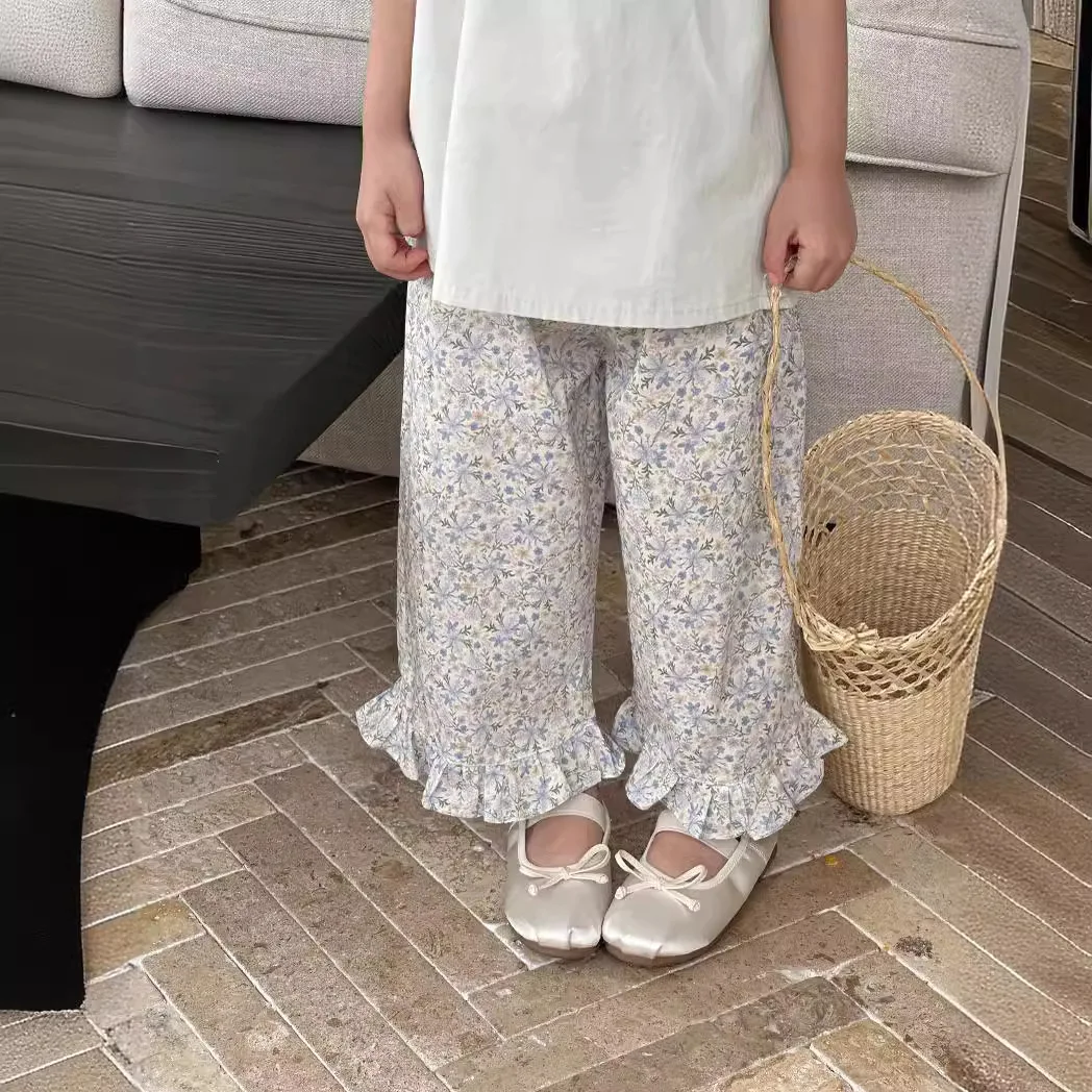 Girl Pant Cotton Girls 2024 Spring and Summer New Children Pants Lace Pants Pastoral Style Floral Cotton Casual Girls Pants