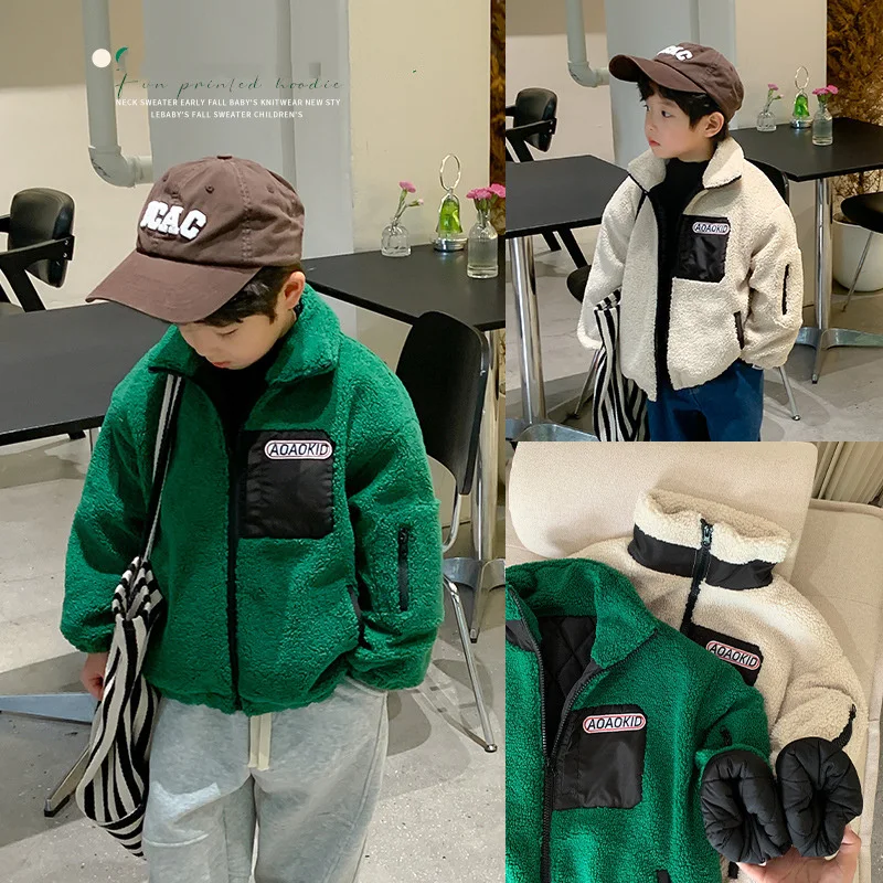 

Boys Coat Jacket Cotton Outerwear 2023 Green Thicken Velvet Winter Furs Fleece Children's Warm Clothing