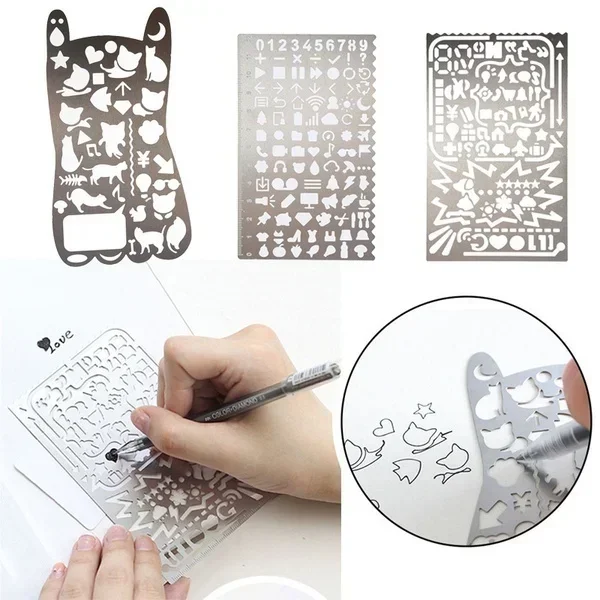 Stainless Steel Ruler Ruler Set Drawing Ruler Portable Stainless Steel Stencils Hollow Ruler Travel Diary Notebook Drawing DIY Tool