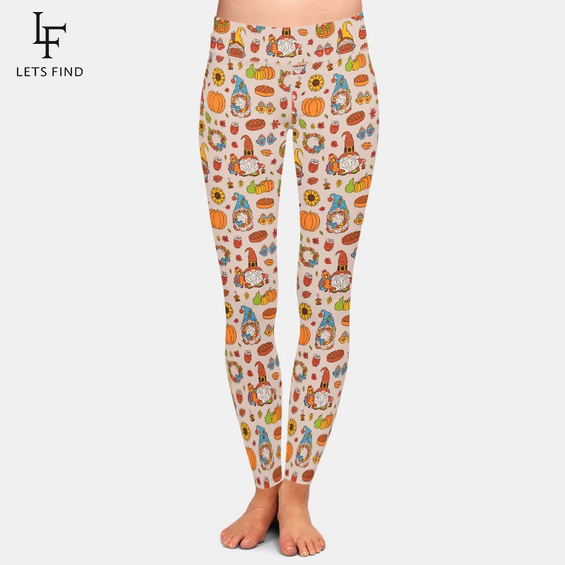 

LETSFIND 3D Fall Thanksgiving Gnomes Turkey and Pumpkin Print Women Fitness Pants High Waist Sexy Slim Stretch Warm Full Legging