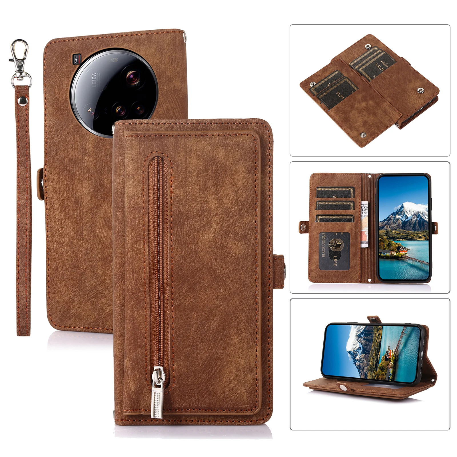 Leather Lanyard Wallet Case with Strap and Card Holder