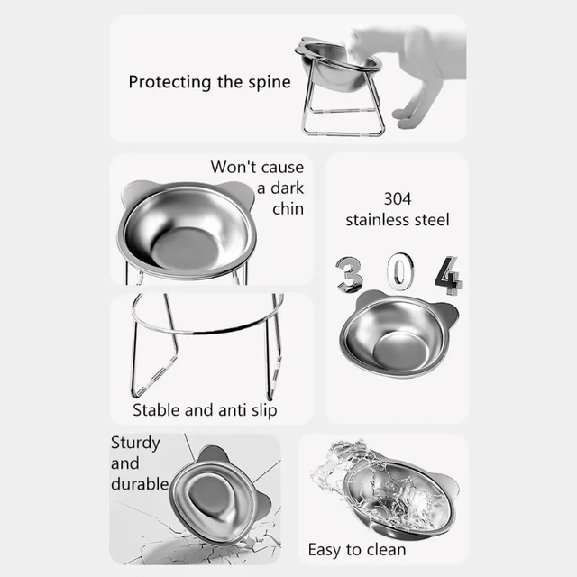 ‌304 Stainless Steel Raised Cat Bowl with 15° Elevated Design Tilted Neck Guard Healthy Feeding Shatterproof for Cats Puppies 5