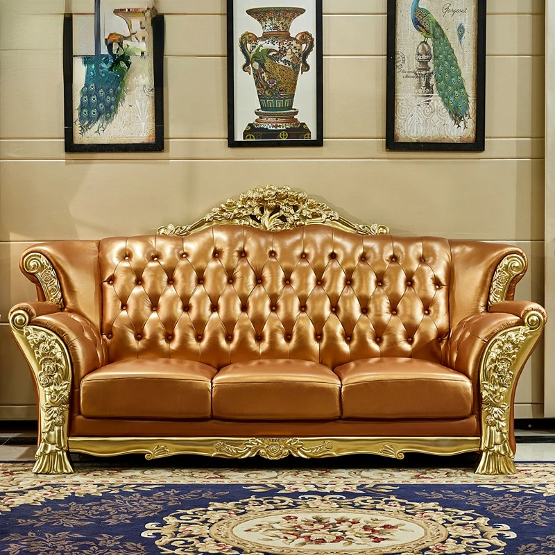 

Leather sofa combination American-style all-solid wood living room champagne gold neo-classical Jane European sofa