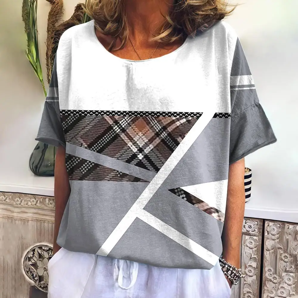

Fashion Women T-shirts Stripe Print Summer New O-neck Short sleeve Tee For Women Clothing Casual Loose Top Oversized Streetwear