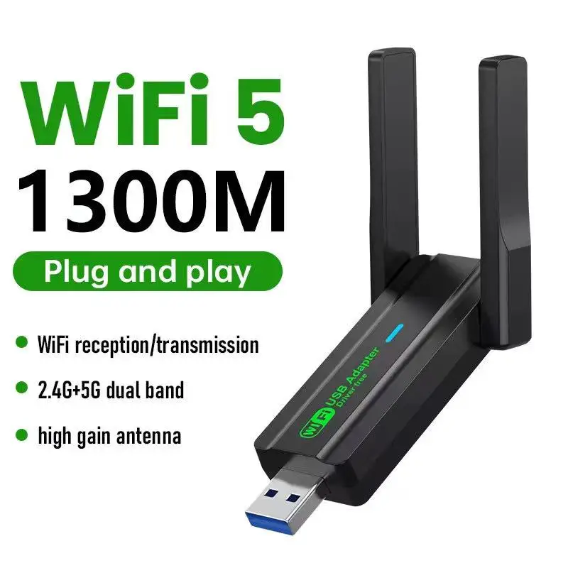 WiFi 5 무선 네트워크 카드 1300M 듀얼 밴드 2.4G&5GHz USB 3.0 고속 와이파이 어댑터 드라이버 무료 데스크탑 노트북용