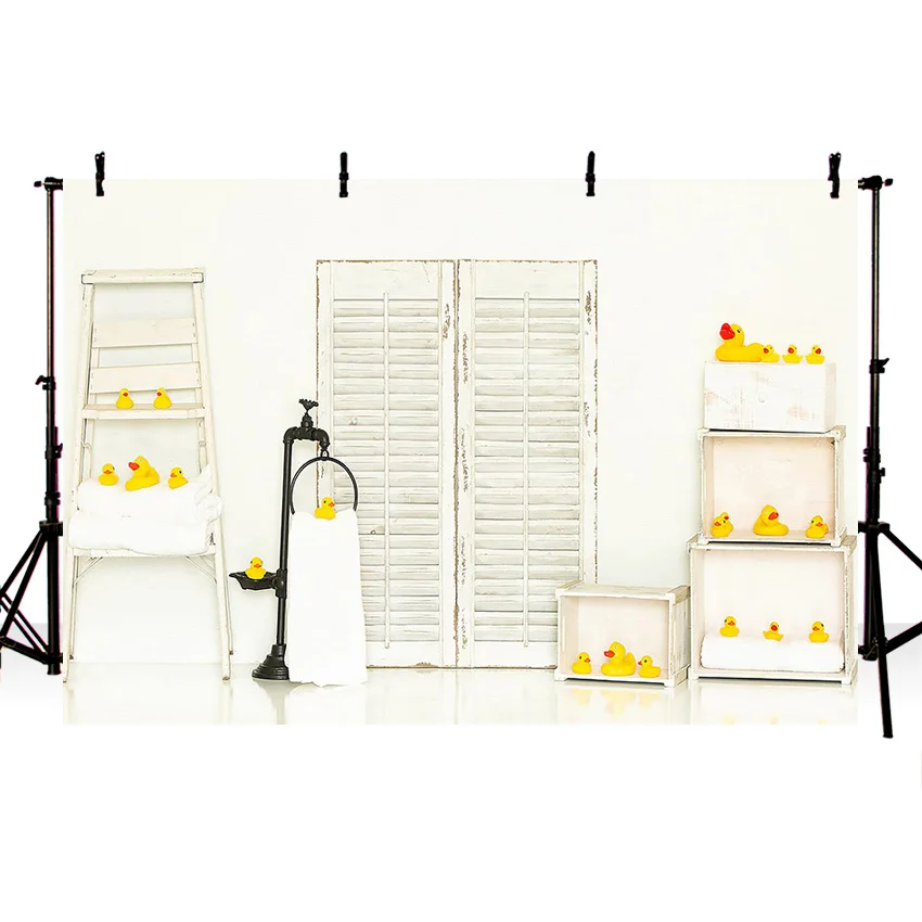 Mehofond Child Birthday Photography Background Little Yellow Duck Toy Bubbles Bathroom Wood Door Decor Baby Shower Backdrop Prop photo backdrop
