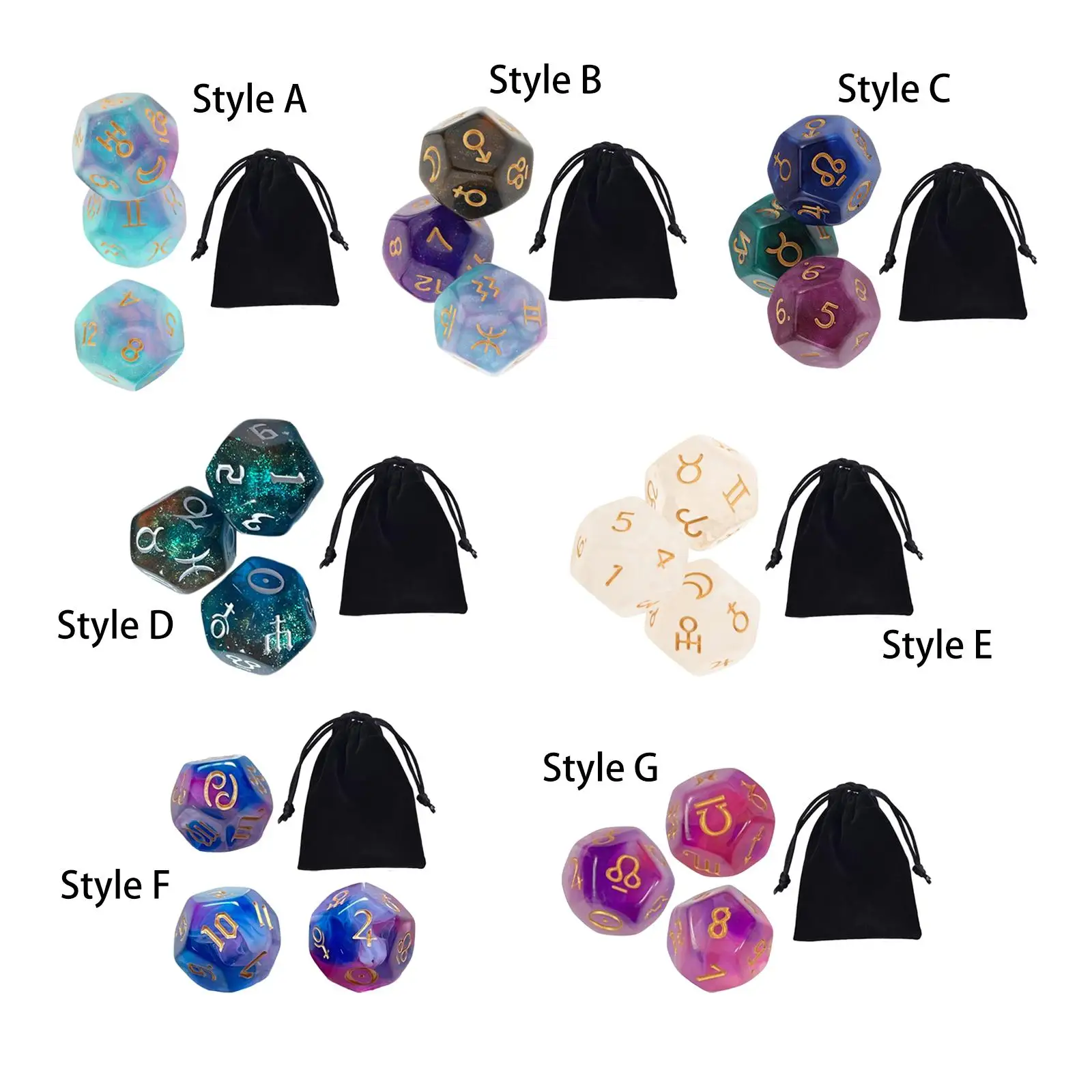 3Pcs Acrylic Astrology Dice Constellation dice Polyhedral Dices Set with Bag