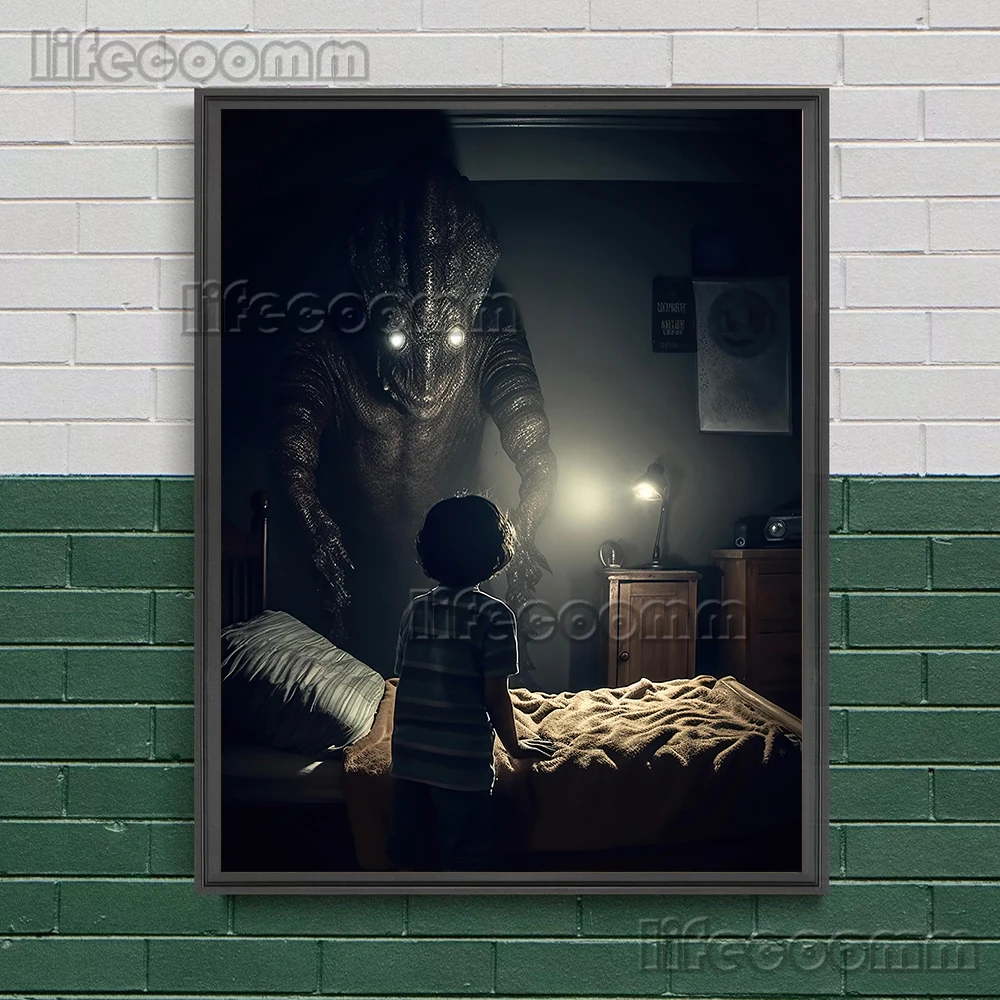 Chilling Horror Illustrations Art Poster Print - Brave Children Confront Terrifying Monsters Wall Canvas Home Decor