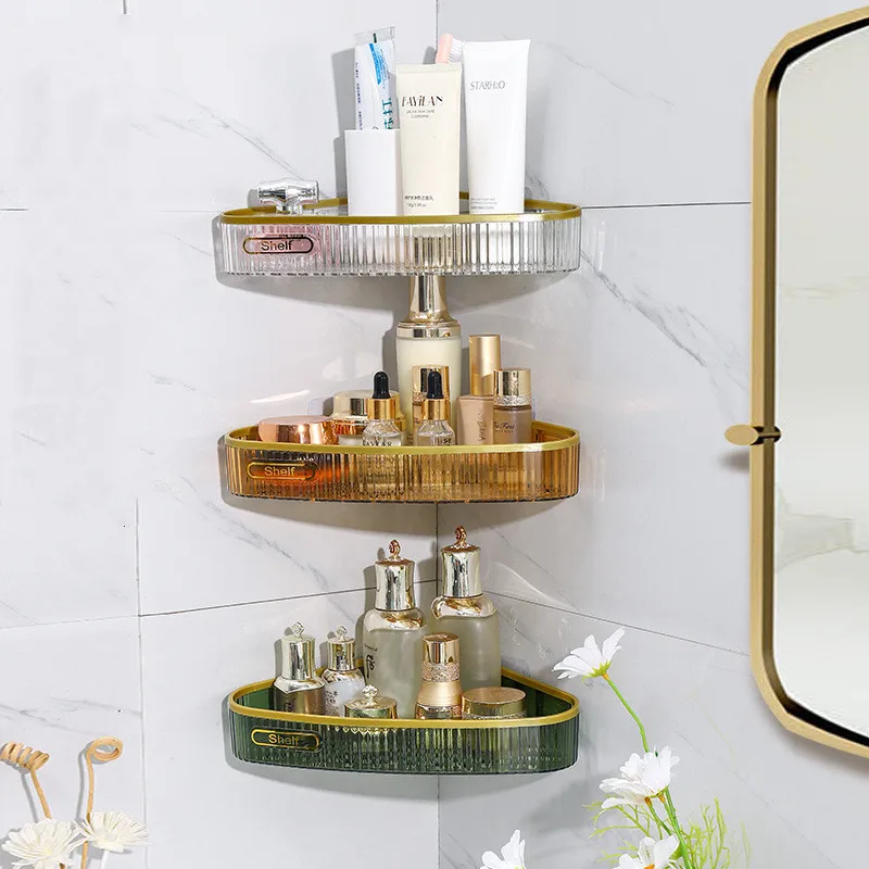 Corner Bathroom Shelves Triangle Shower Acrylic Modern Hotel Wall Mount  Gold/ Black Single Shelf